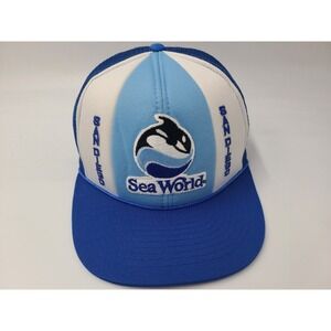Vintage Sea World San Diego Mesh Trucker Snapback Hat Cap Polyester Whale Blue